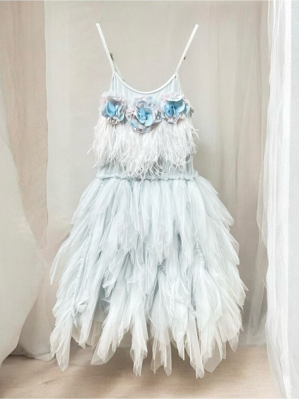 Tutu Du Monde Light Blue Floral Roses Feather Costume Dress Girl's Sz 10-11 $225